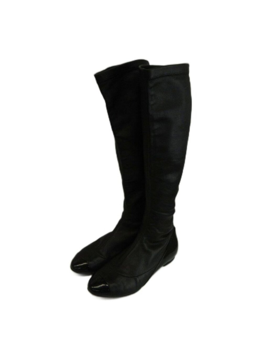Chanel Long Boots Leather Patent Paneled Round Toe Flat CC Logo